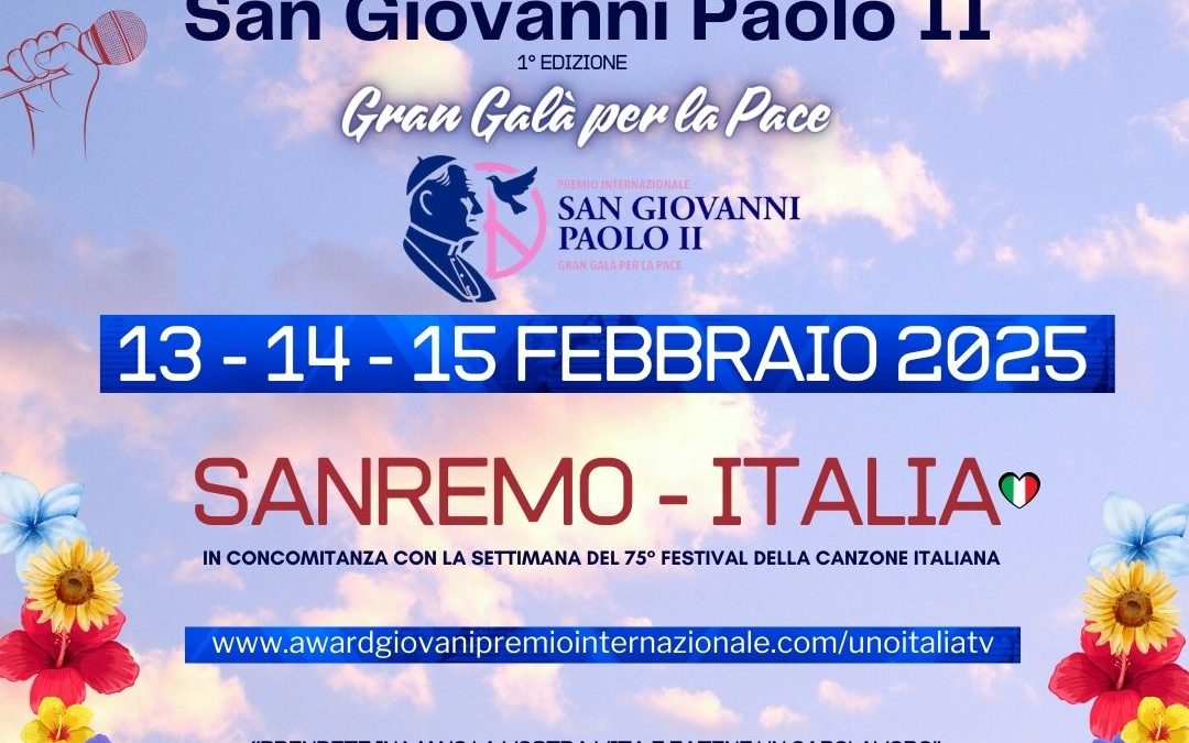 Premio “Award Giovani” 2025 – Premio Internazionale San Giovanni Paolo II – Gran Galà della Pace” sbarca a Sanremo nella settimana del Festival  